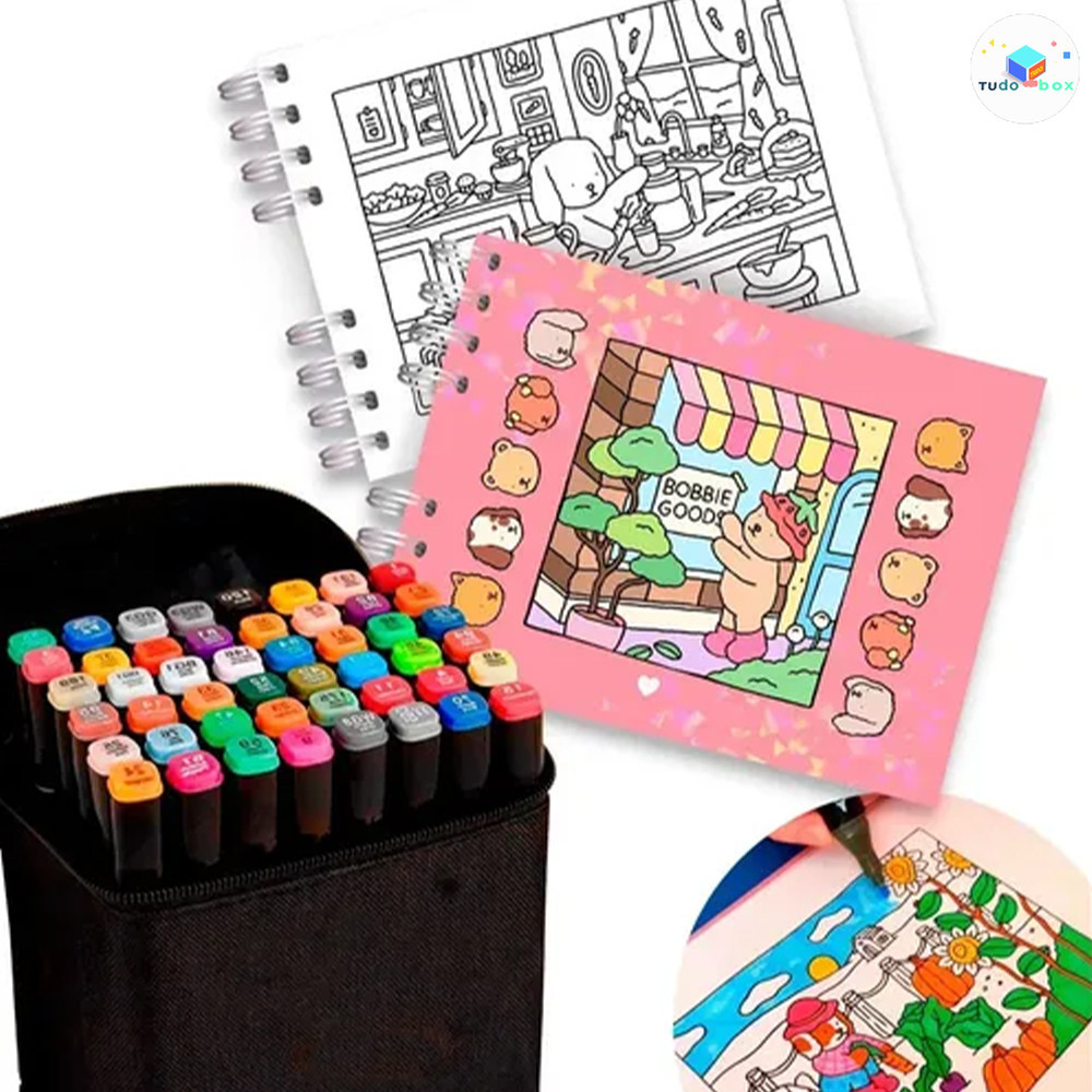 Conjunto Completo Brush Pen Kit + Livro de Colorir Andi Store - Canetas Acrílicas, Marcadores de Texto e
