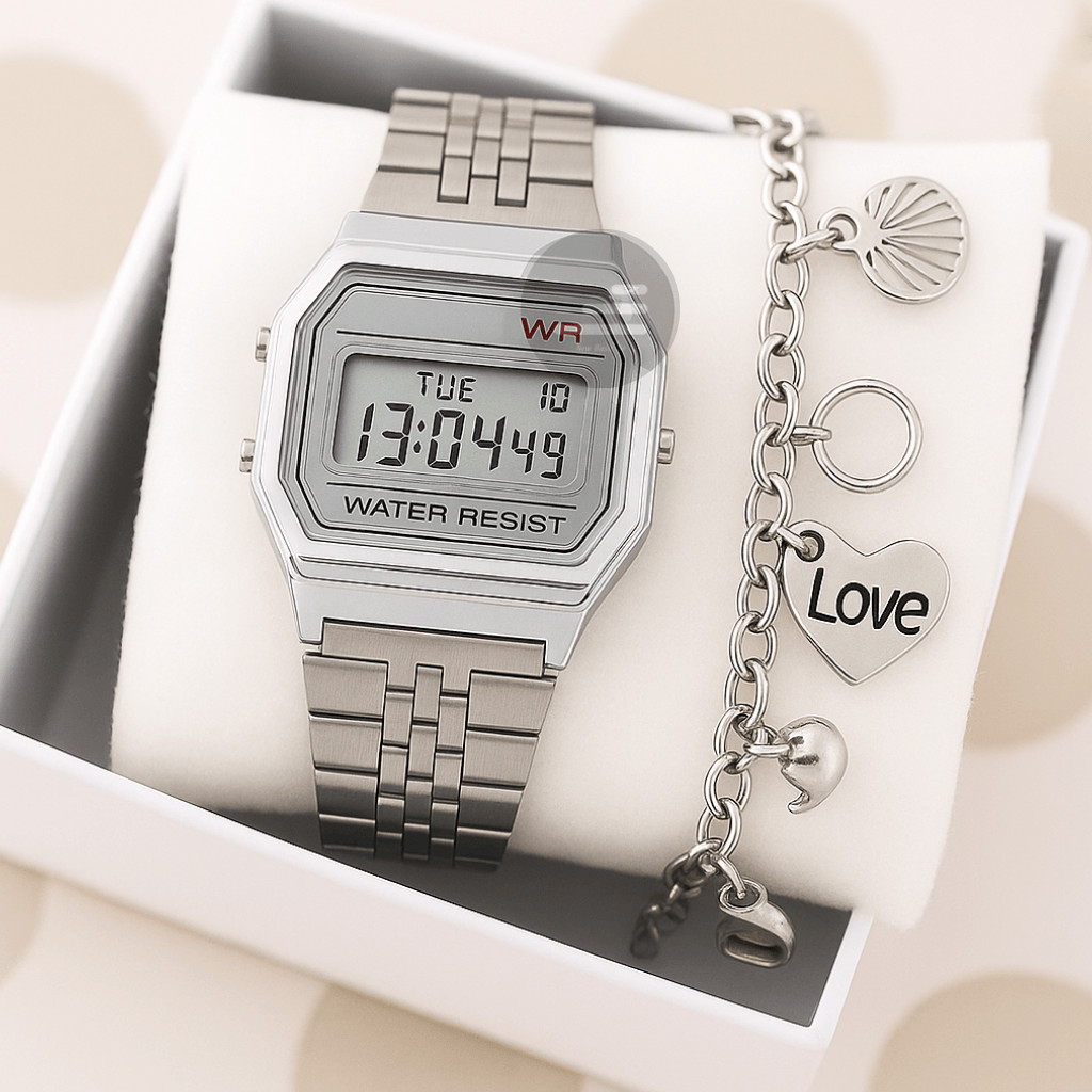 Relógio Pulseira Kit  Retrô Quadradinho Vintage Digital Led Unisex