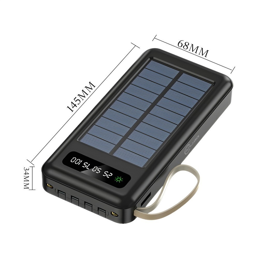 Carregador Portátil Solar 20000mAh Power Bank com Cabos Embutidos Display Digital USB Rápido