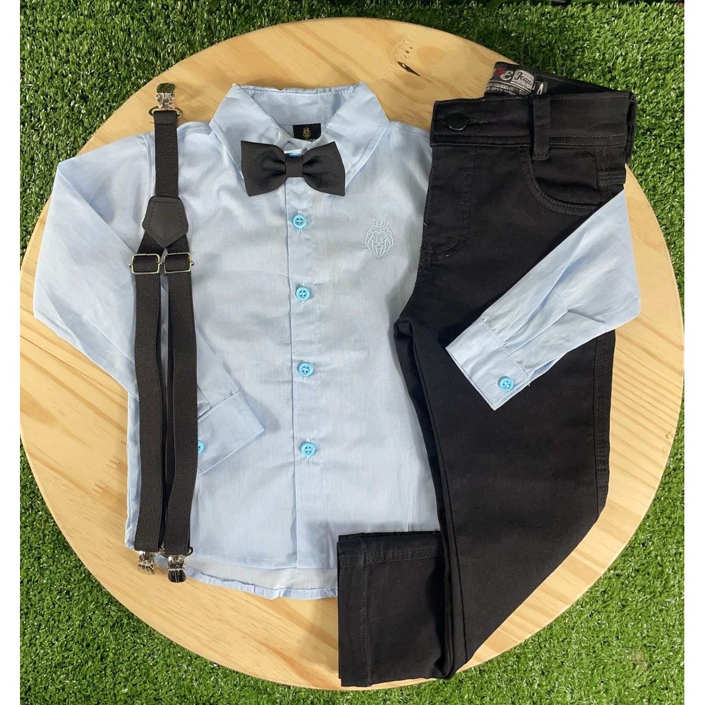 Calça Preta Camisa Azul Claro Gravata Suspensório Preto Pajem Casamento Formatura Menino Infantil Social