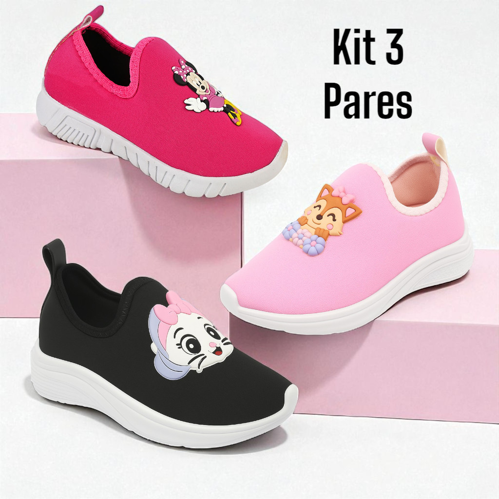 Kit 3 Pares Tênis Infantil Menina Escolar Confortável Calce Fácil Antiderrapante