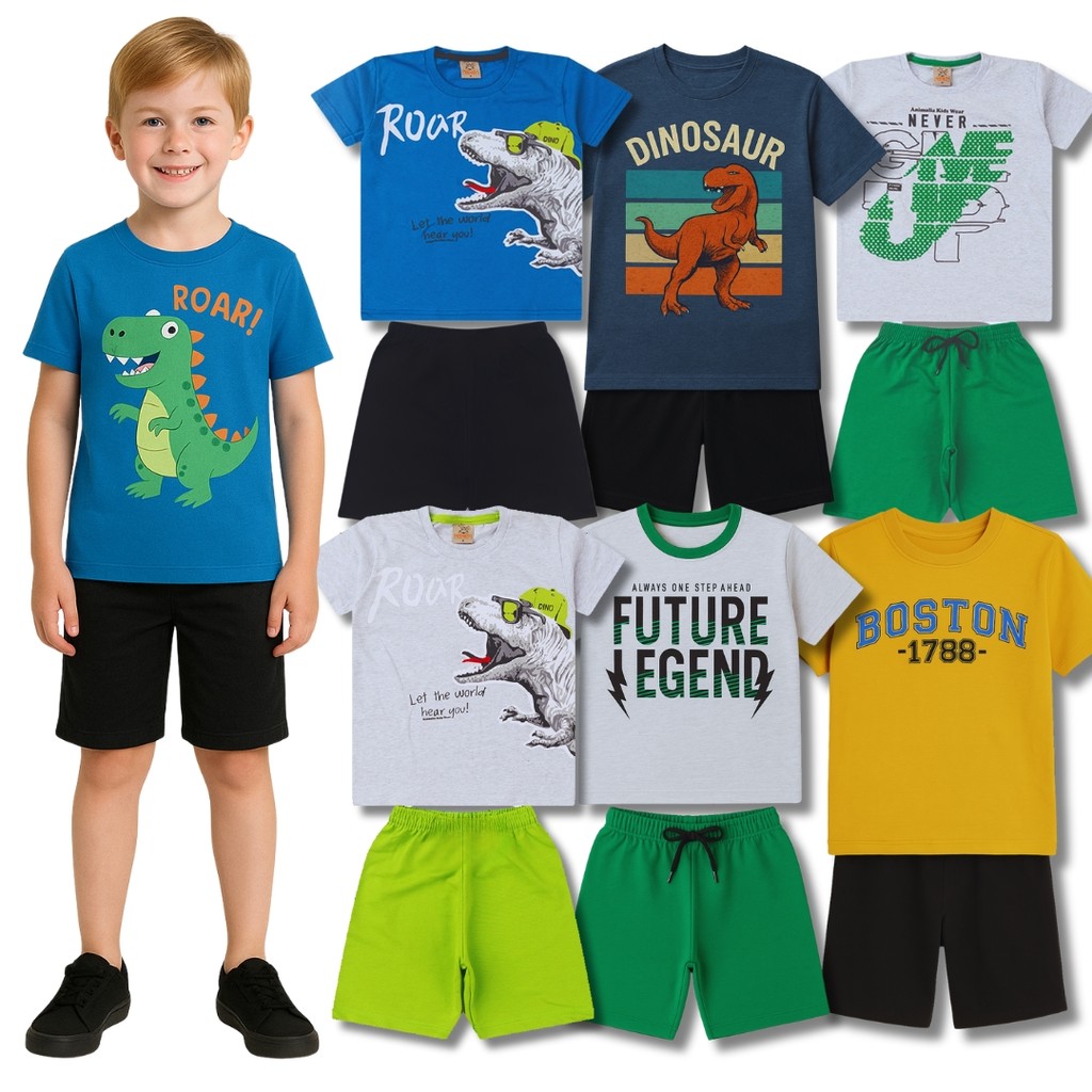 Kit 4 Peças de Roupas Infantil Menino 2 Camiseta e 2 Bermuda - Kit com 2 Conjunto Masculino Verão