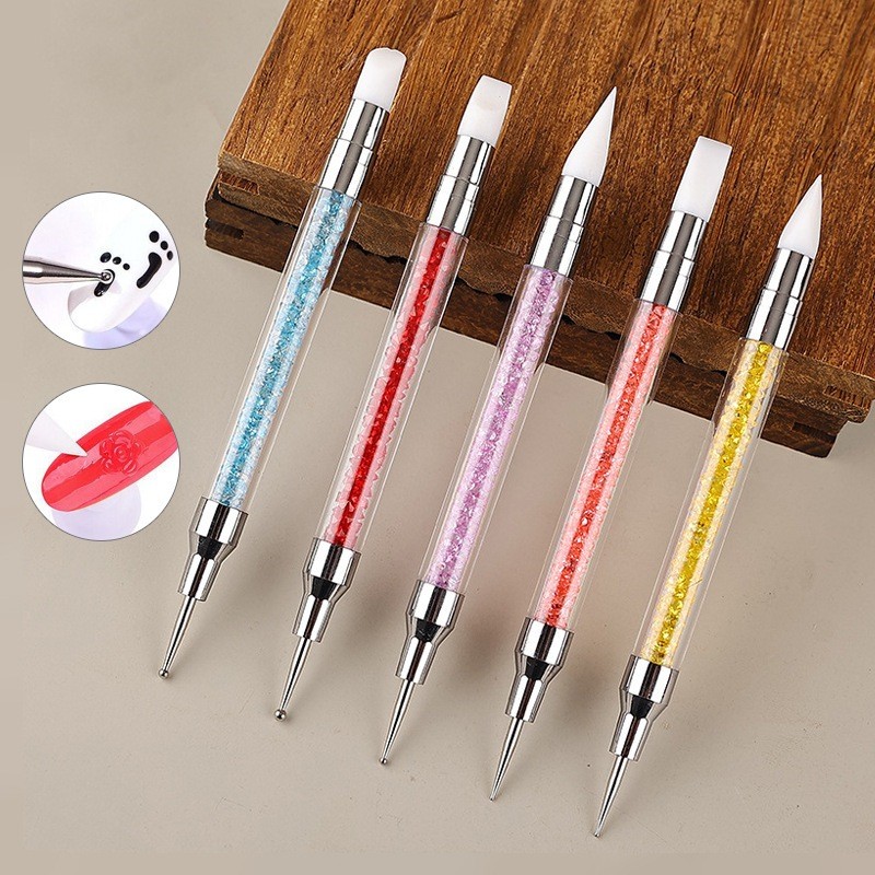 Kit 5 Pincéis Silicone e Boleadores 2 em 1 Ponta Dupla para Decoração Unhas 3D Profissional Nail Art