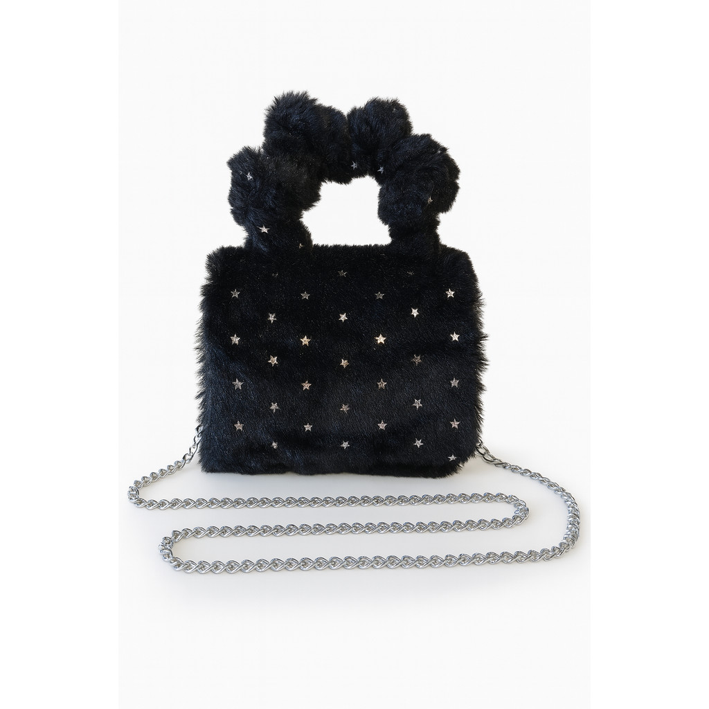 Bolsa Infantil Mini de Pelúcia com Alça Fofa Estilo com Corrente Prateada e Estrelas Brilhantes