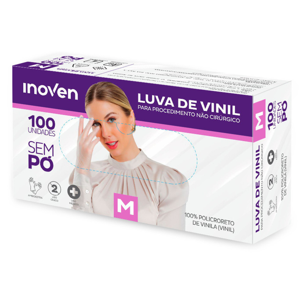 Luva Vinil sem Pó 'M' com 100 unidades - Inoven