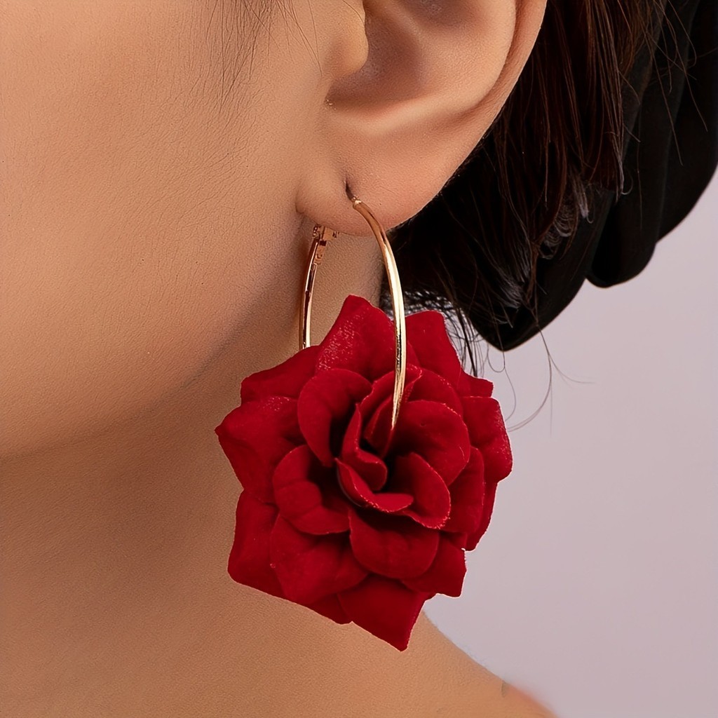 Brinco Argola Flor Vermelha Grande Feminino Elegante Delicado Festa Moda Boho Presente Acessório Luxo