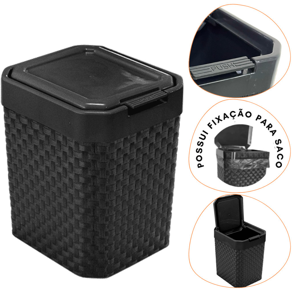 Lixeira de Pia Rattan Com Tampa Click Preta 5 Litros