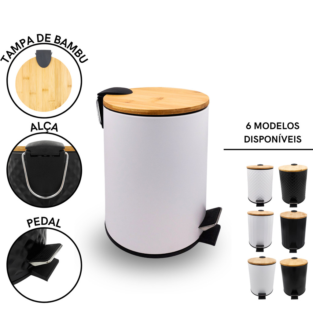 Lixeira inox 5 litros tampa bambu moderna banheiro luxo com cesto