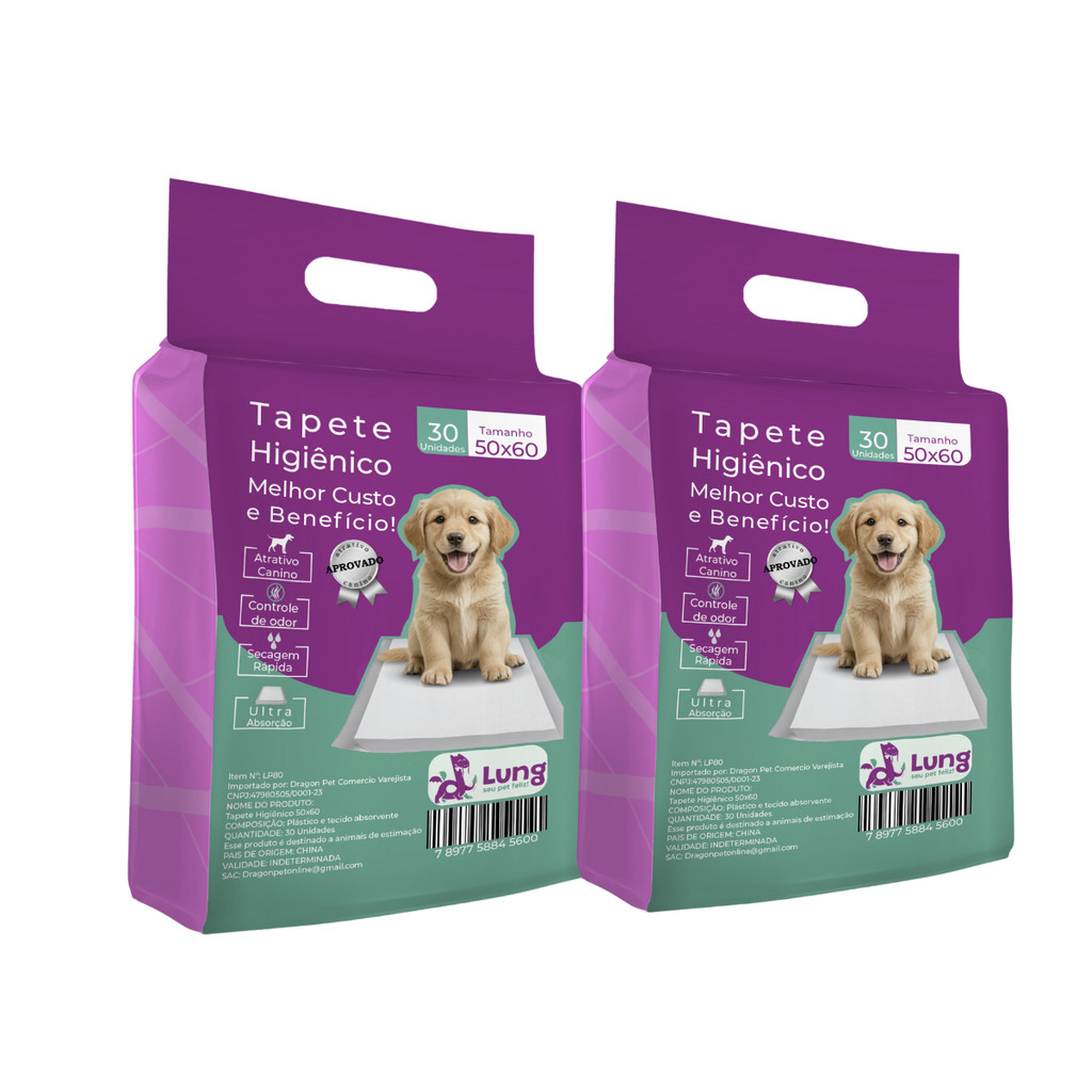 Kit 2 Tapete Higiênico Econômico 50x60cm 60un p/ Cachorro Pet Alta Absorção c/ Fita Colante Prático