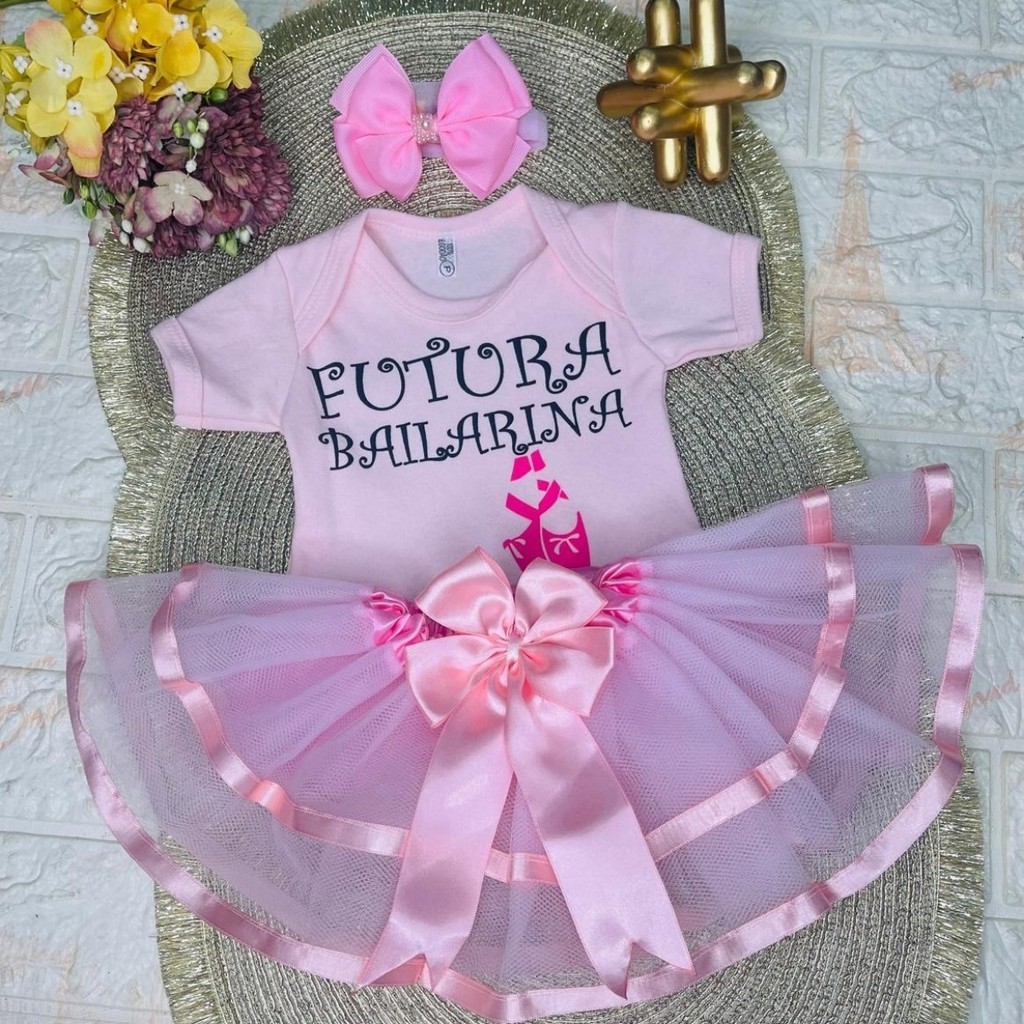 Conjunto Mesversario Bailarina Bebe Menina  Body e saia dupla e laço