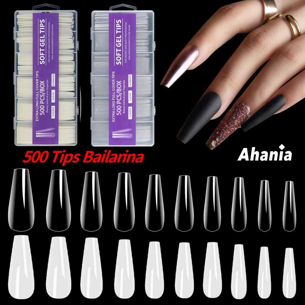 500 Unhas Tips Unha Postiças Modelo Bailarina Longa Cor Transparente E Bege Estojo Acrilico