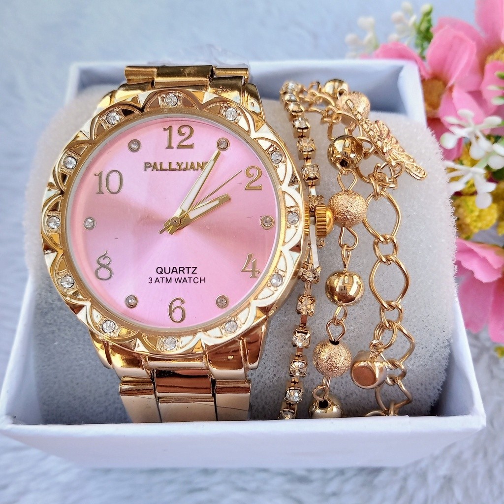Kit Relógio Feminino Banhado Dourado + Pulseira Super Linda Moda