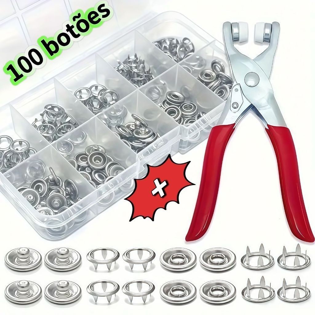 Alicate Aplicador Com 100 Botões De Metal De Pressao Para Roupa