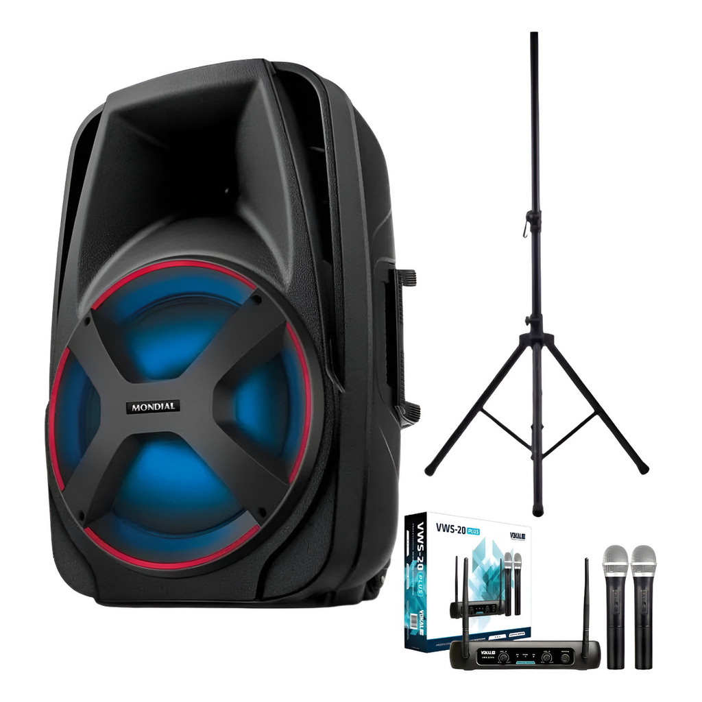 Kit Caixa Amplificada + Microfone Sem Fio Duplo Uhf + Tripé
