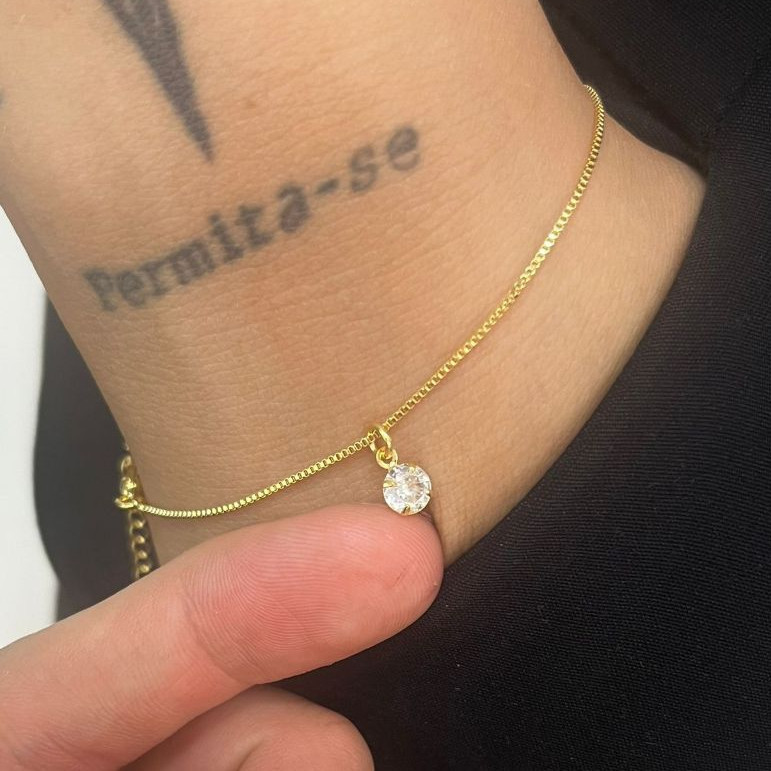 Tornozeleira feminina, pingente redondo incrustado com zircônias, banhado a ouro 18k ou prata 925
