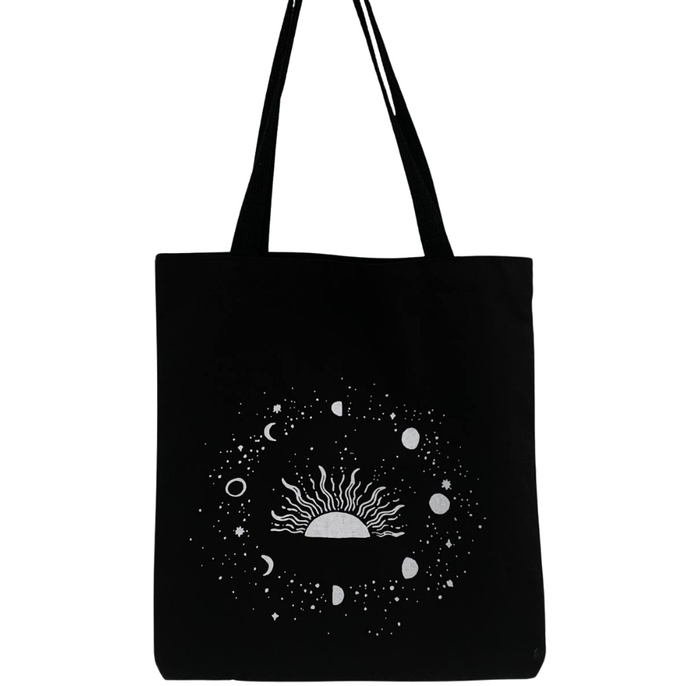 Ecobag Black 100% Algodão Grande Reutilizável Estampa Fases da Lua Sol Astrológica Mística