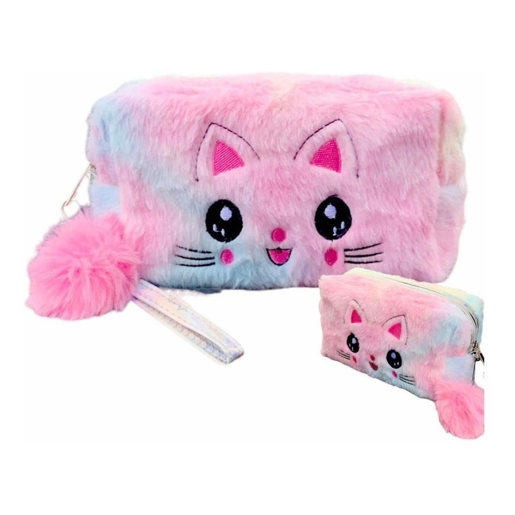 Estojo Escolar Fofo Pelúcia Gatinho Com Pompom Gatinho Kawaii Arco-íris Cor Colorido