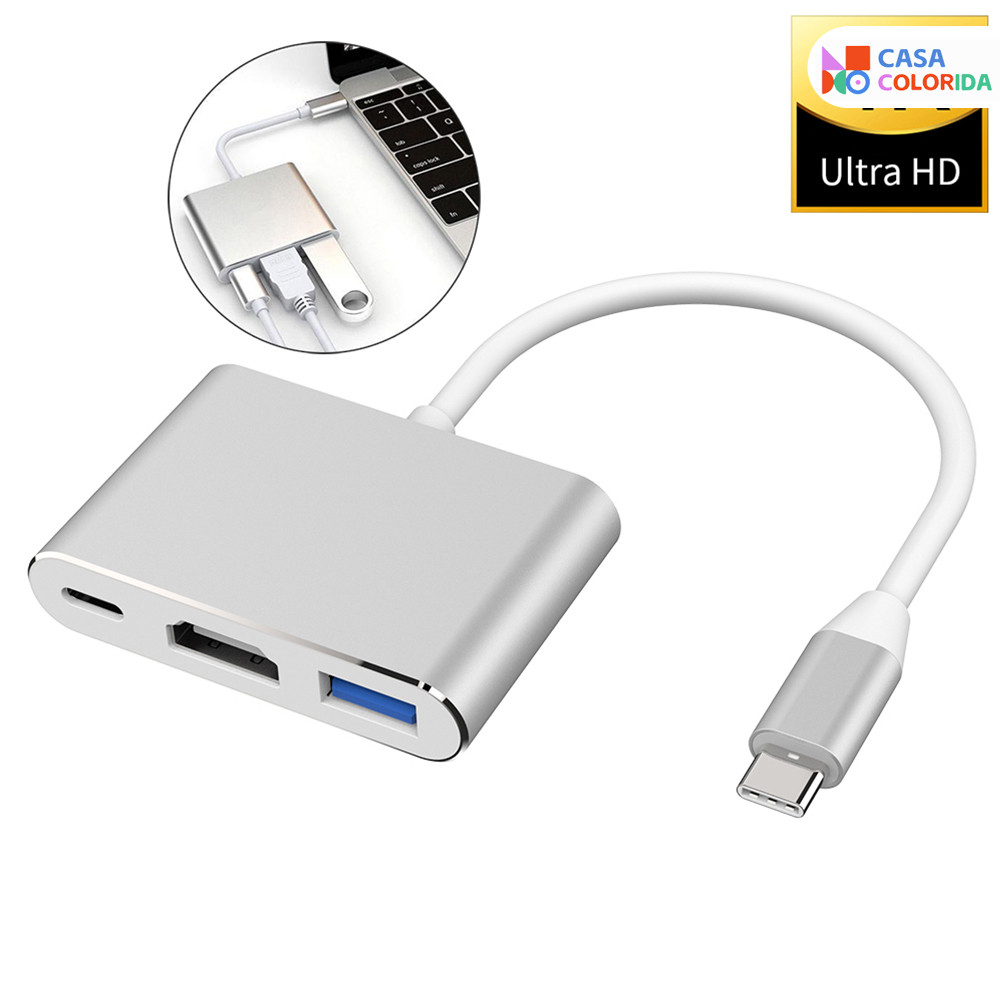3 Em 1 7 em 1  Hub Type C Para HDMI USB 3.0 Conversor 4K/Adaptador De Concha De Alumínio