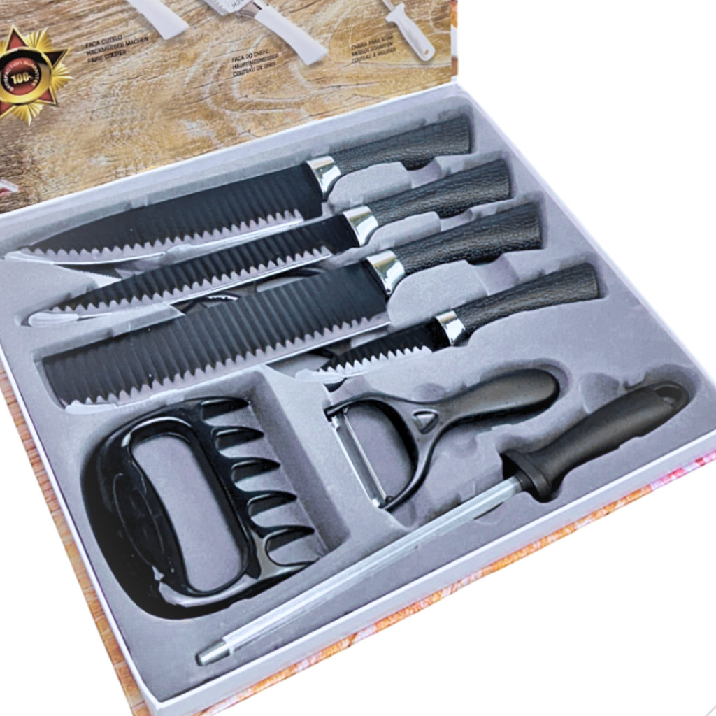 Kit Churrasco 8 Peças Facas Gourmet Inox Corte Navalha Antiaderente