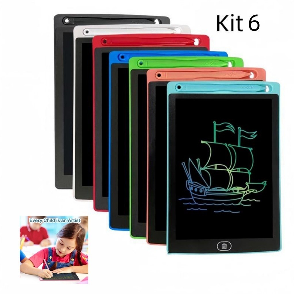 Kit 6 Lousa Mágica Tela Lcd Tablet Infantil De Escrever E Desenhar 8.5 Polegada