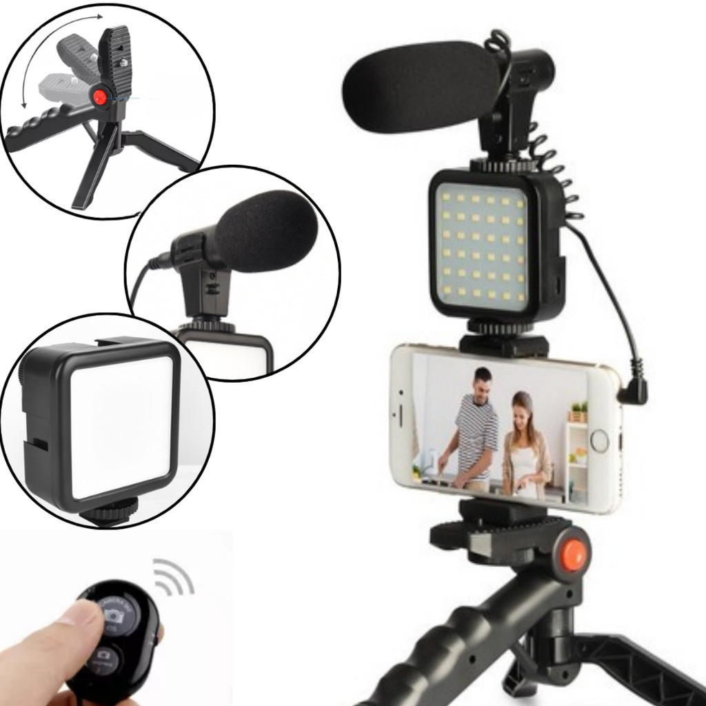 Kit Youtub podcast Live Tripé Suporte celular ring ligth luz Led Controle Microfone blogueira tiktok