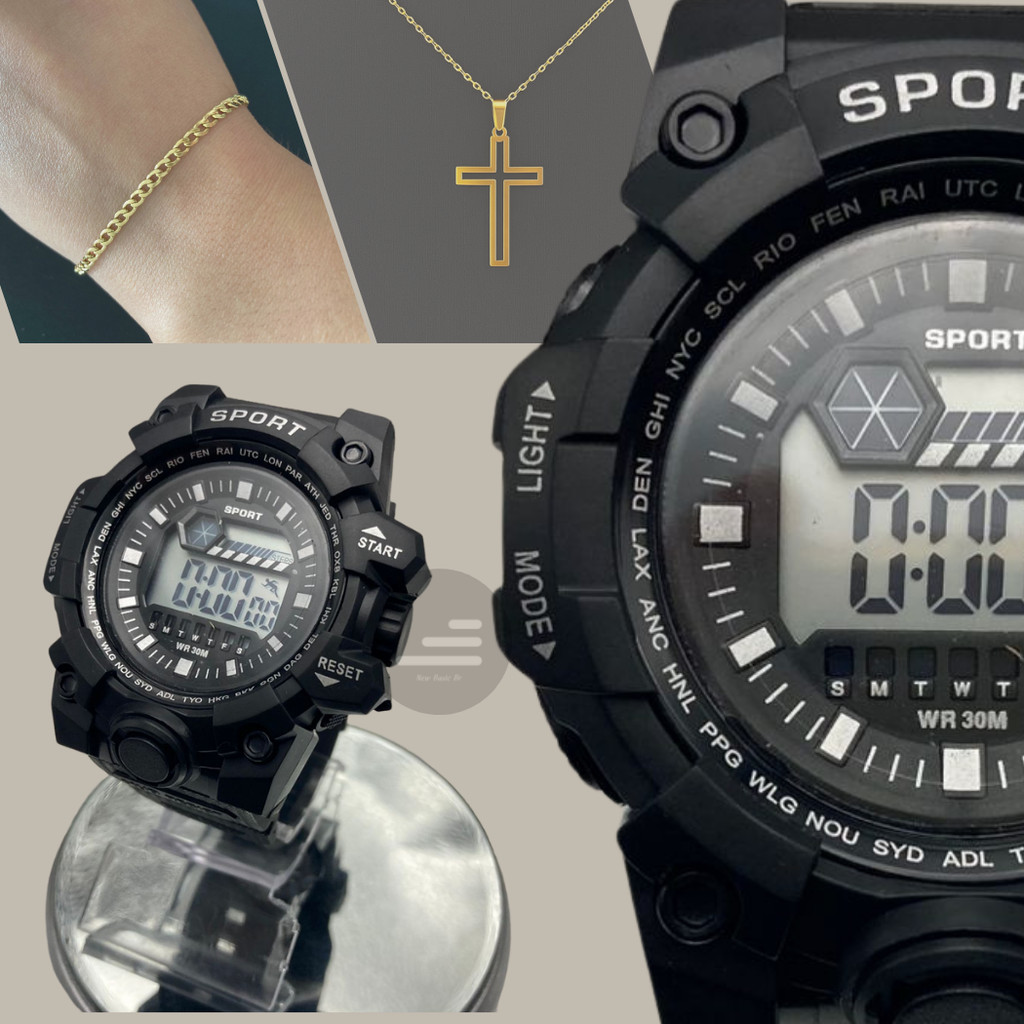 Kit Relógio Masculino Preto Digital Robusto Sport Shock