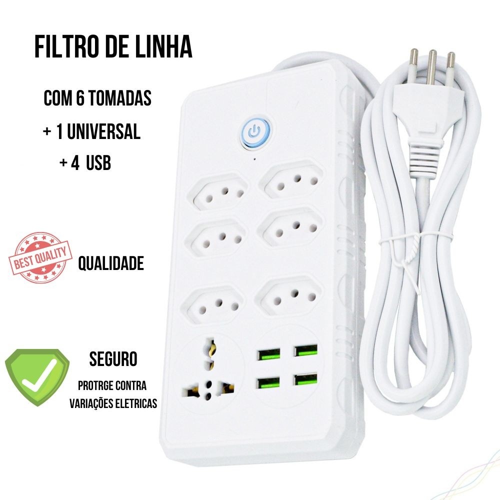 Régua Filtro de Linha com 7 Tomadas Extensão Elétrica 1 Universal 4 USB Bivolt 10A Cabo de 2 Metros Seguro e confiável