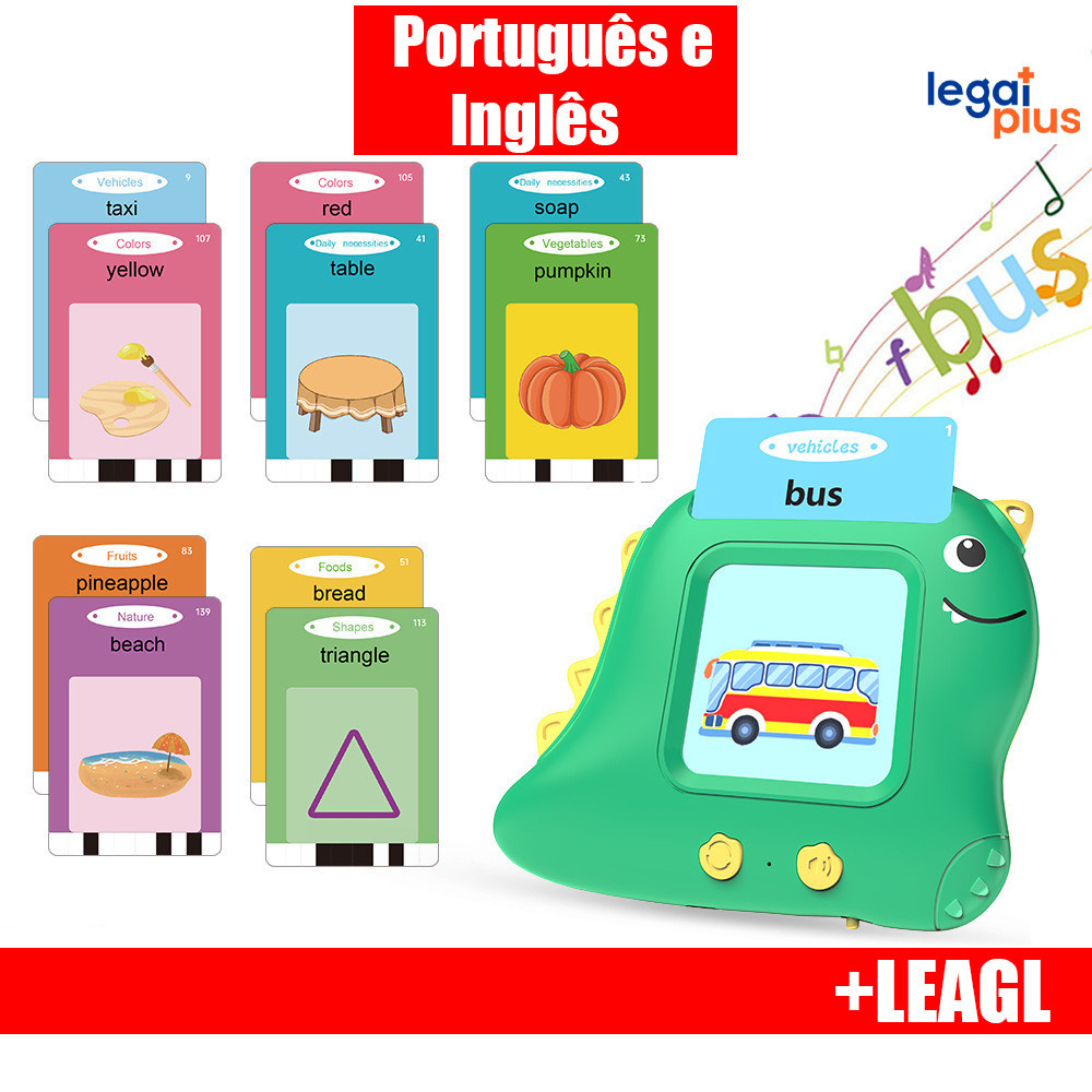 Brinquedo Card Infantil Cartão Fala Inglês Português Dino Apraxia Autismo Alfabetização