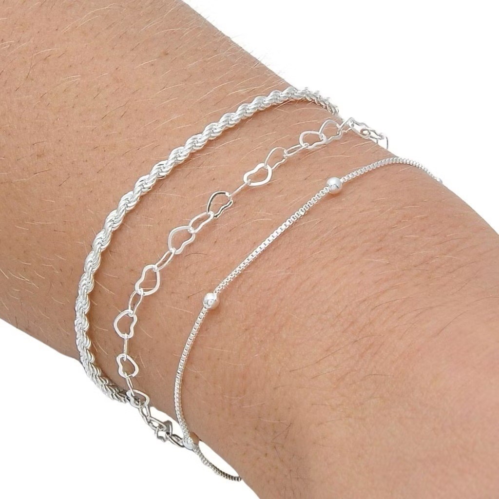 Kit 3 pulseiras elegantes de contas em forma de coração, banhadas a prata 925 ou ouro 18K