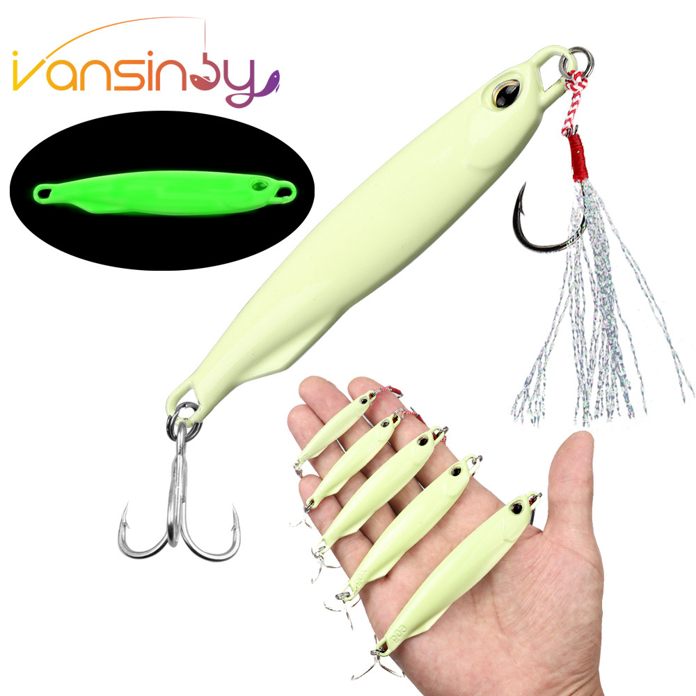10g/15g/20g/30g/40g/60g Pesca Luminosa Metal Jig Isca De Iscas Colher Dura Com Gancho De Sangue