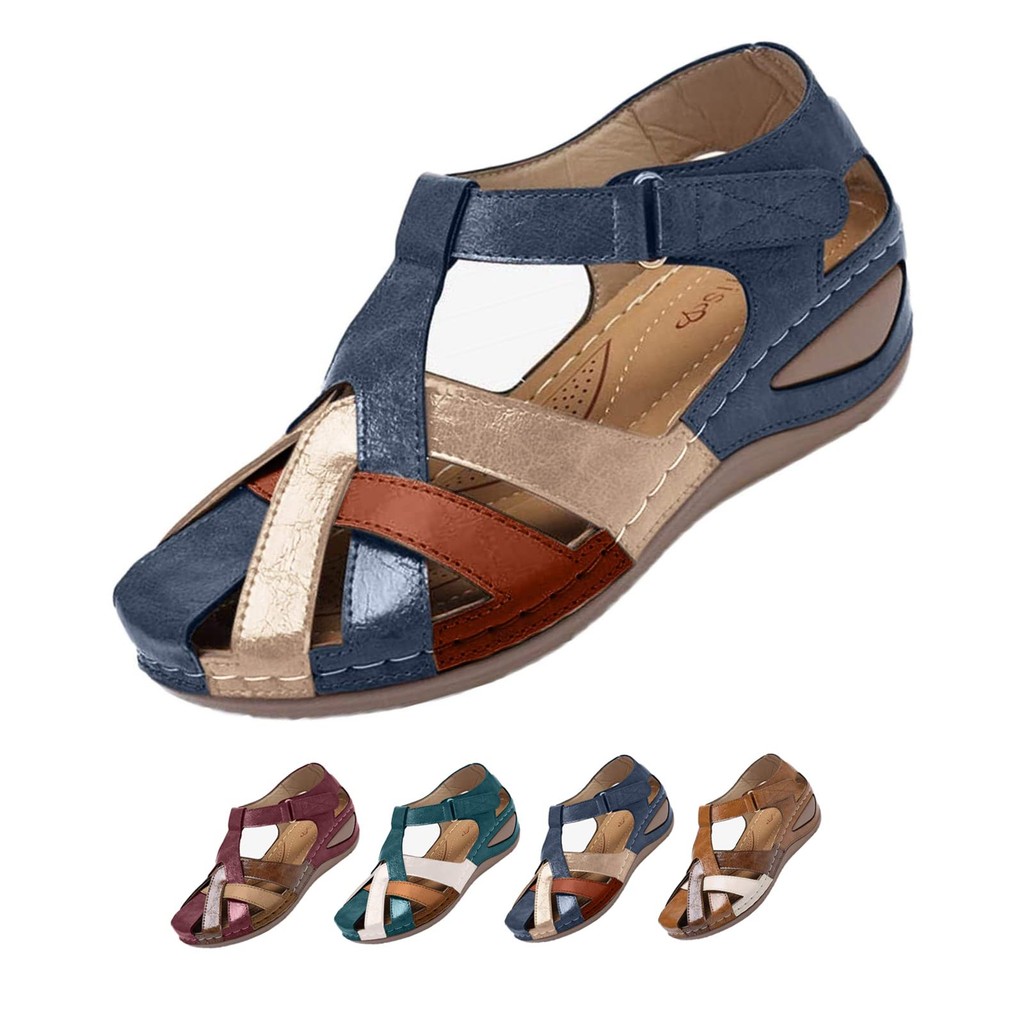 Lollite Ortopédica Retro PU Sandálias De Couro com Proteção Arc Confortável Rodada Toe Stand para As Mulheres BCSI