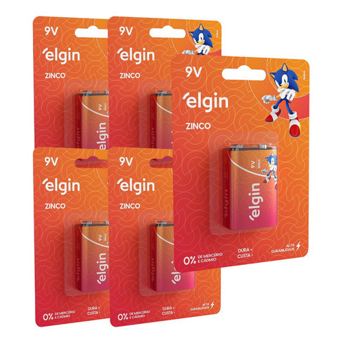5 Pilhas Bateria 9v Zinco Carvão 6f22 Elgin Lanterna Relógio