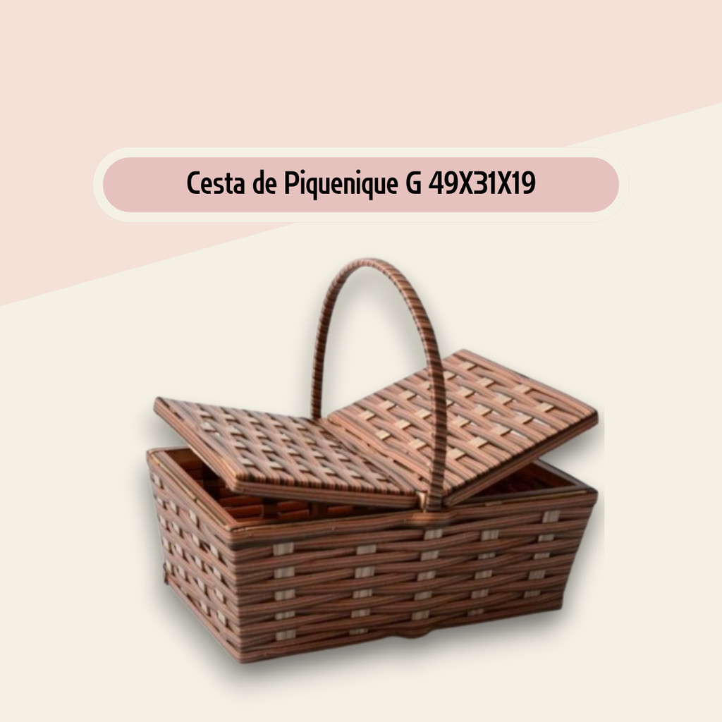 Cesta de Piquenique Fibra Sintética Grande 49x31x19 Café da Manhã Luxo Resistente (Vime Sintético)