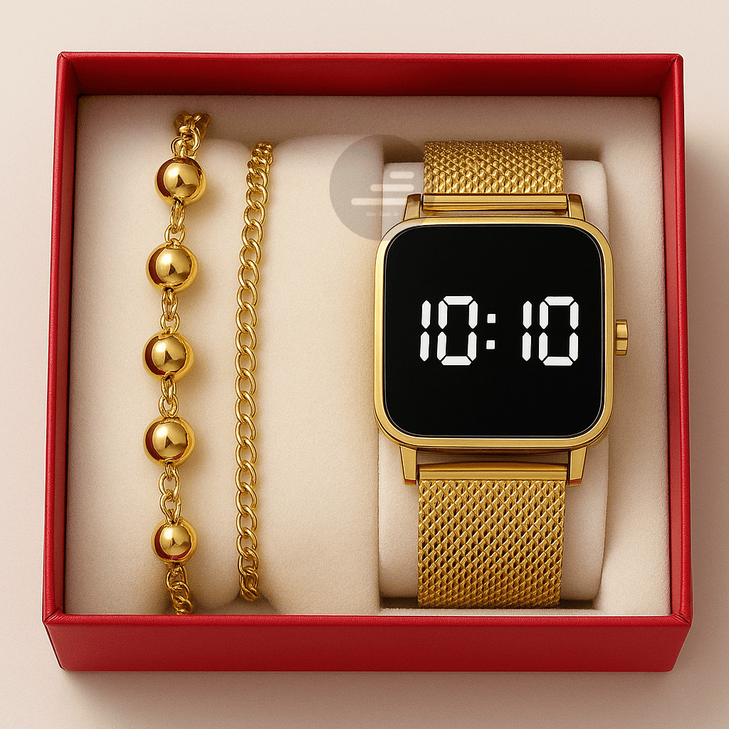 Relógio Feminino Kit Led Digital Quadrado Com Pulseira Luxo