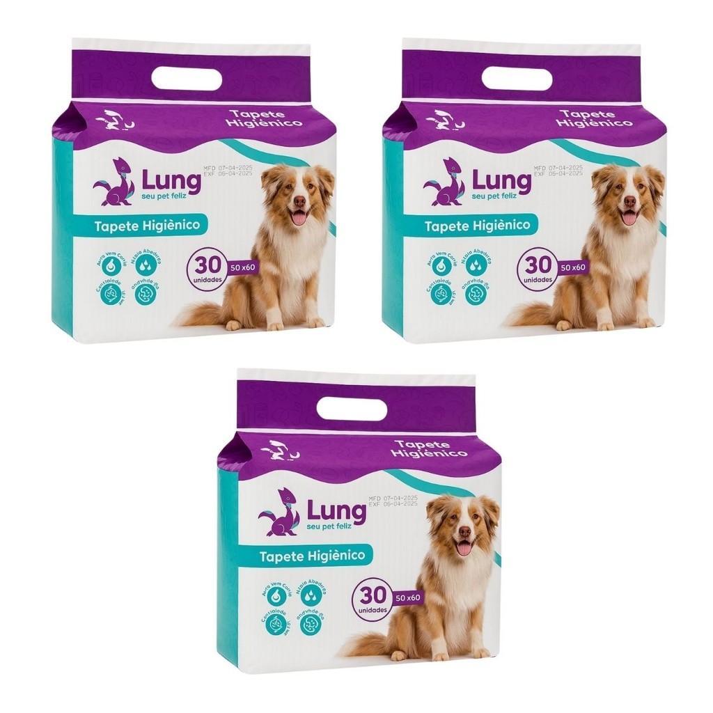 Kit 3un Tapete para Cachorro Higiênico com colante Pet 60x50cm 90 Unidades