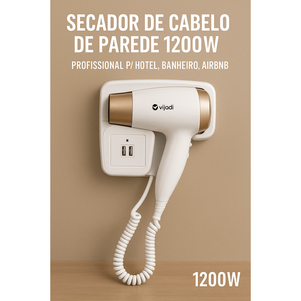 Secador de Cabelo de Parede 1200W – Bivolt Automático | Ideal p/ Hotel, Banheiro e Airbnb