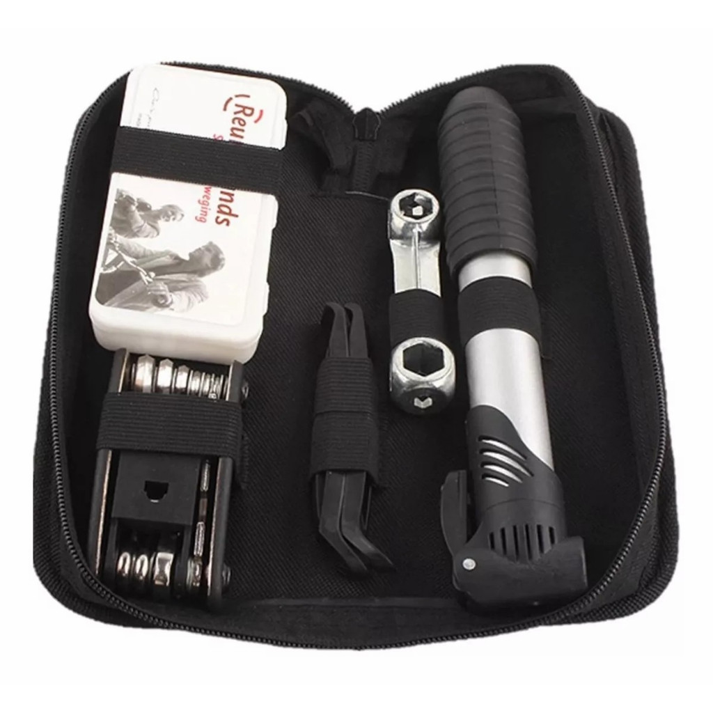 Kit Ferramentas para Bicicleta Chaves, Bomba de Ar, Remendos e Bolsa de Quadro