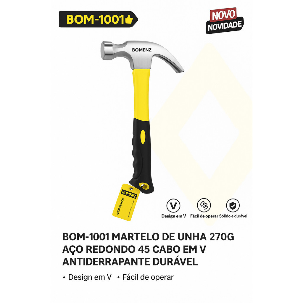 Martelo Profissional Unha Cabo Emborrachado Reforçado 27cm Fibra de Vidro Pegada Emborrachada