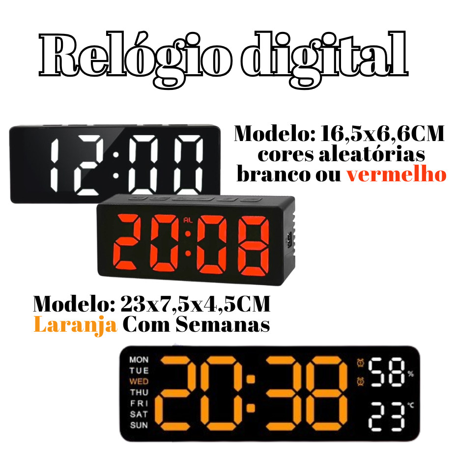 Relogio Digital 23x7,5x4,5Cm Ou 16,5x6,6CM Luminoso Alarme USB De Mesa Led Semanal