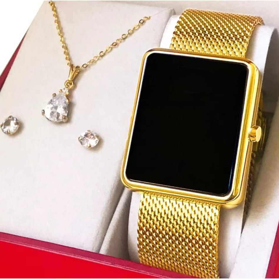 Relógio Feminino Digital Quadrado + Colar e Brinco