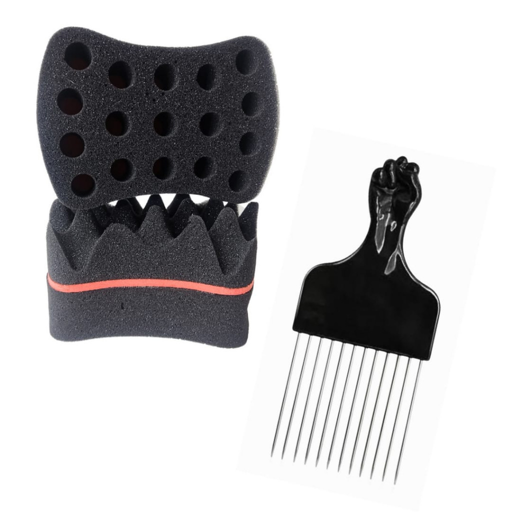 Esponja Nudred Dupla M + Pente Garfo Buchinha de enrola cabelo Pente Afro