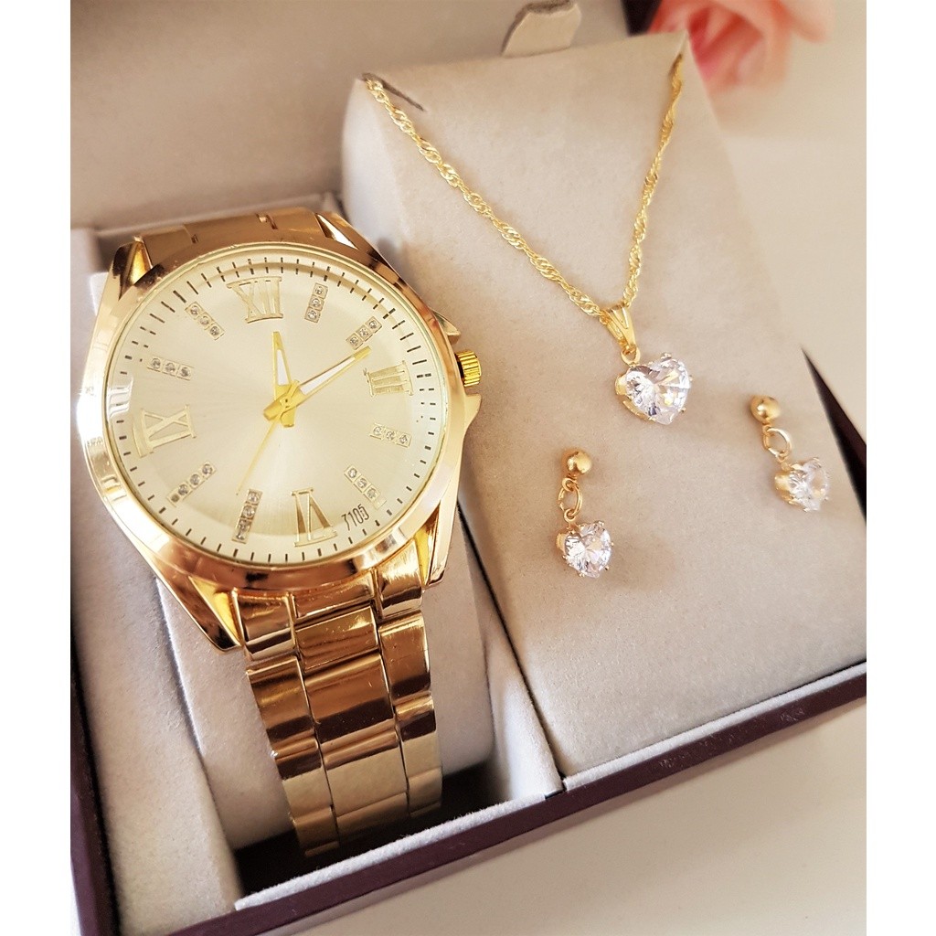 Kit Relógio Feminino Dourado Prata + Colar Brinco Folheado