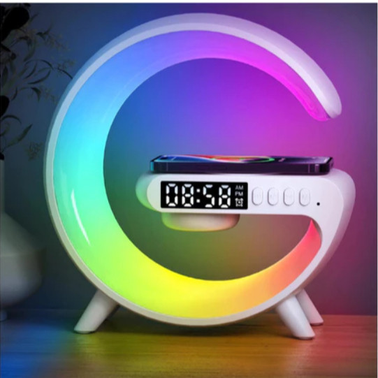 Caxinha de Som G -Speaker COR BRANCA Com Relógio Luminária Bluetooth Inteligente Carregador Sem Fio Led Luz Rgb-TC