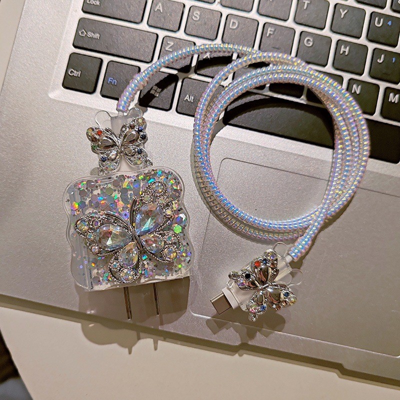 Nobre Diamante Borboleta Cabo Protetor Conjunto Para IPhone 18 20W Carregador Original Cabeça Caso Linha Dados Anti Queb