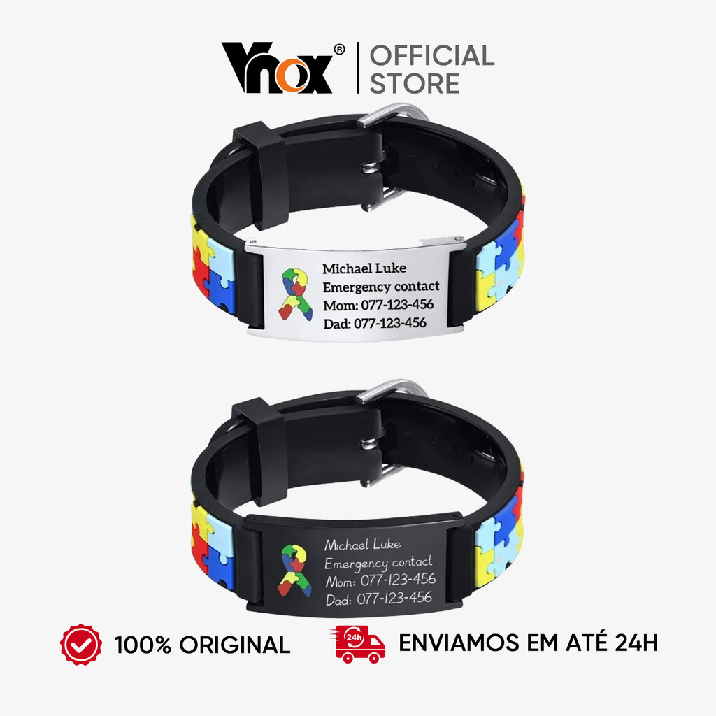 Vnox Pulseira Personalizada para Autismo, Adultos e Crianças, Aço Inoxidável com Nome e Informações Médicas Gravadas