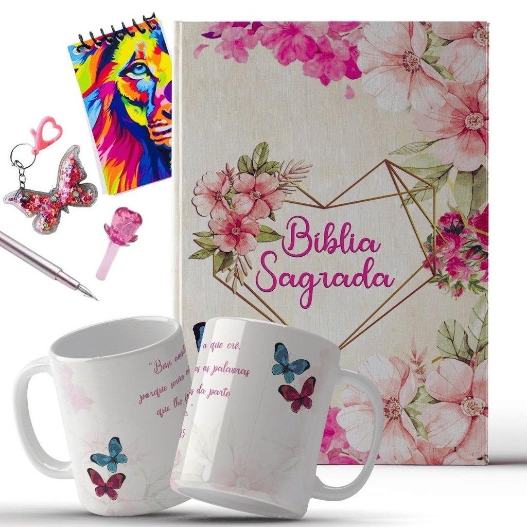 Kit Biblia Sagrada + Caneca + Caneta Chaveiro e Caderneta