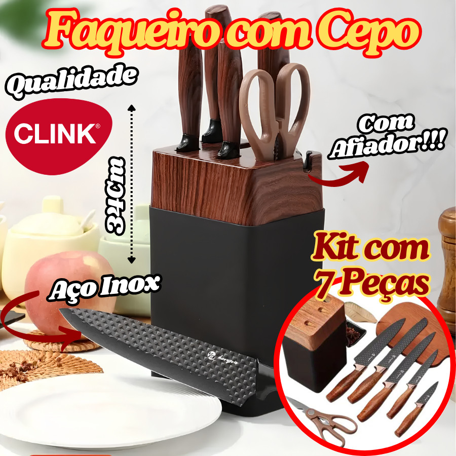 Faqueiro Com Cepo Clink 7 Peças Facas De Aço Inox E Tesoura Suporte Com Afiador Luxo De Cozinha