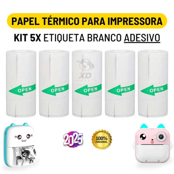 Kit 5 Bobina Etiqueta Térmica Adesiva CONTINUA 57x3 mts Branco Rolo Para Mini Impressora Portátil
