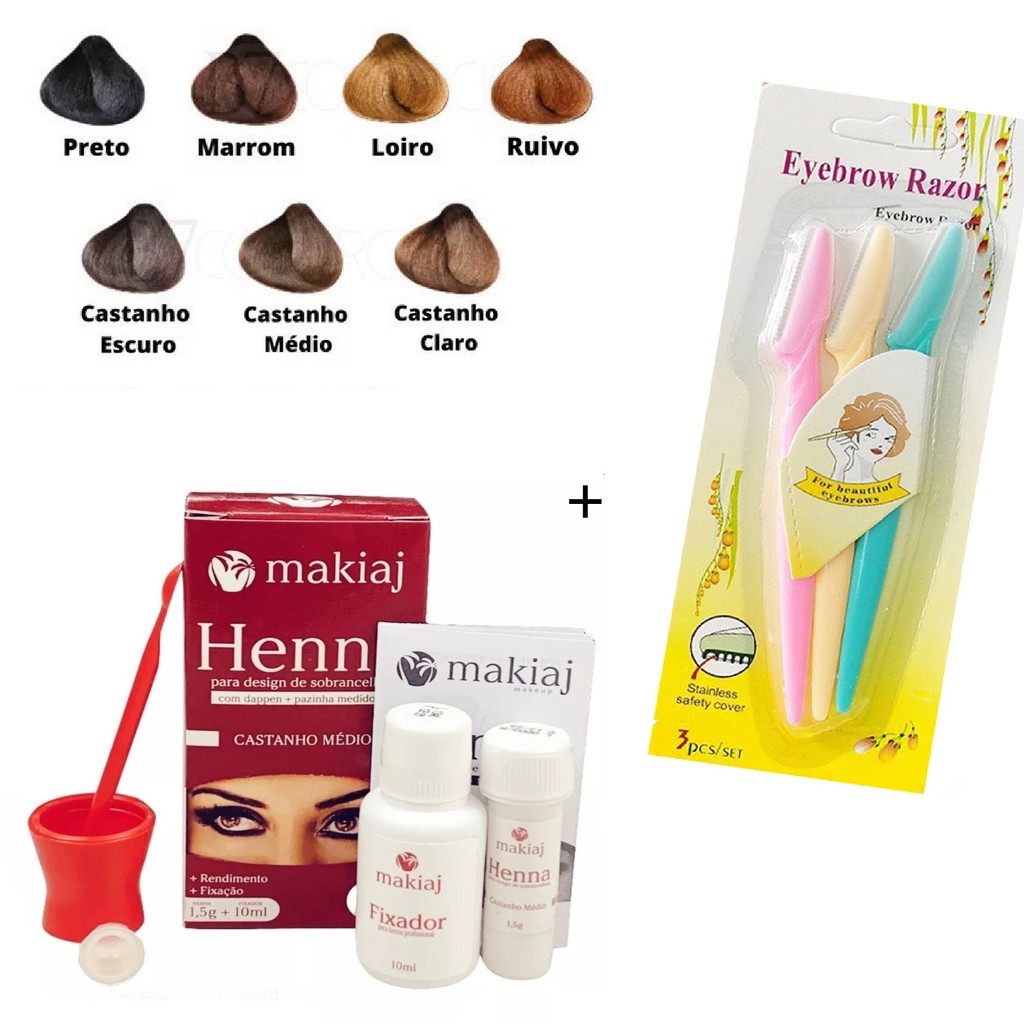 Kit Sobrancelha Henna Makiaj Completo Gel Fixador 7 Cores 1 Henna+3 Lâminas Navalha Sobrancelha