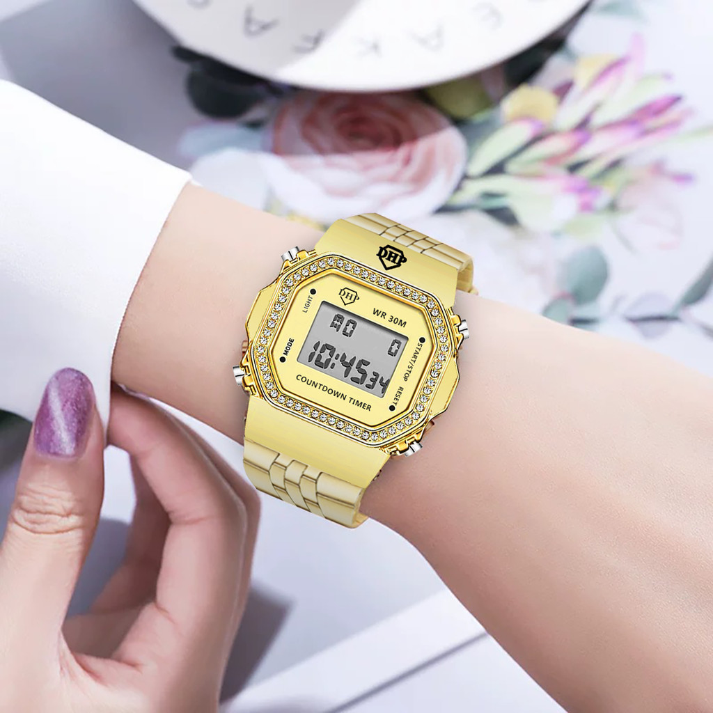 [6820] Relógio digital original à prova d'agua feminino presente da moda luxo strass social